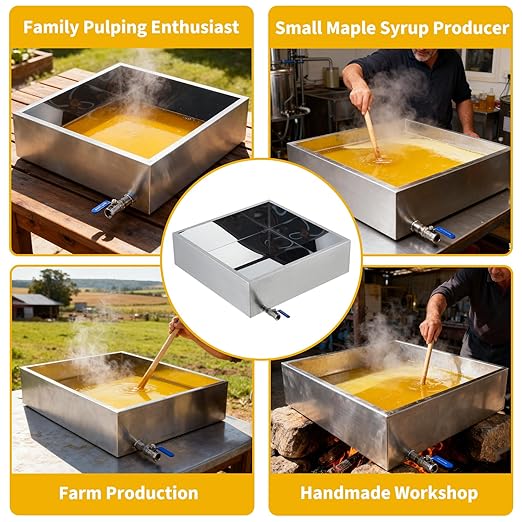 Maple Syrup Evaporator Pan with Value 24x24x7 in 304 Stainless Steel Evaporator Pan for Home Outdoor Efficient Boiling Maple Syrup 17.5 gal Silver
