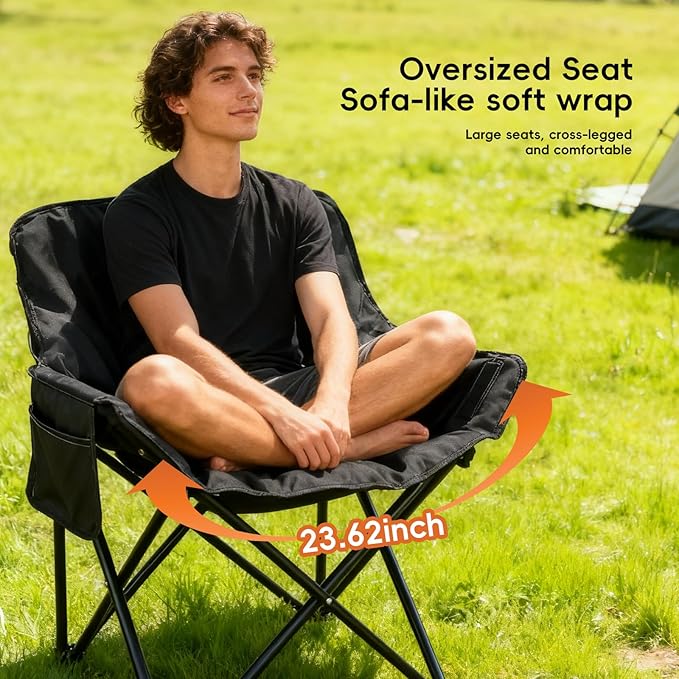 Outdoor 3-Layer Padding High Back Moon Chair with Thick Cotton 600D Oxford Fabric Portable Folding Camping Chair with Side Pocket Supports up to 300lbs (Black)
