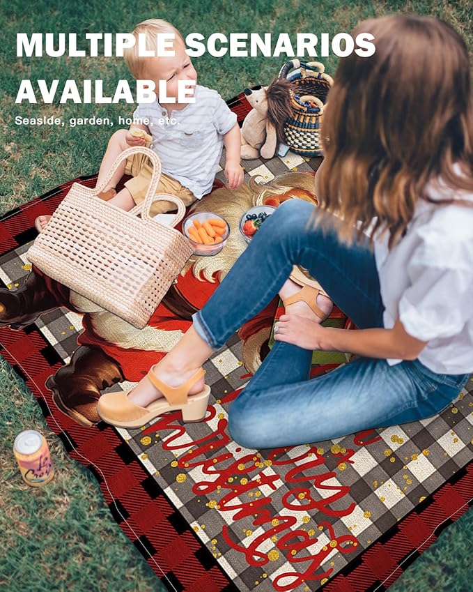 Beach Blanket Waterproof Sandproof Santa Claus Christmas Winter Snowflakes Quick Drying Beach Mat with 4 Stakes Red Black Buffalo Plaid Lightweight Picnic Blanket for Travel Camping 118x108