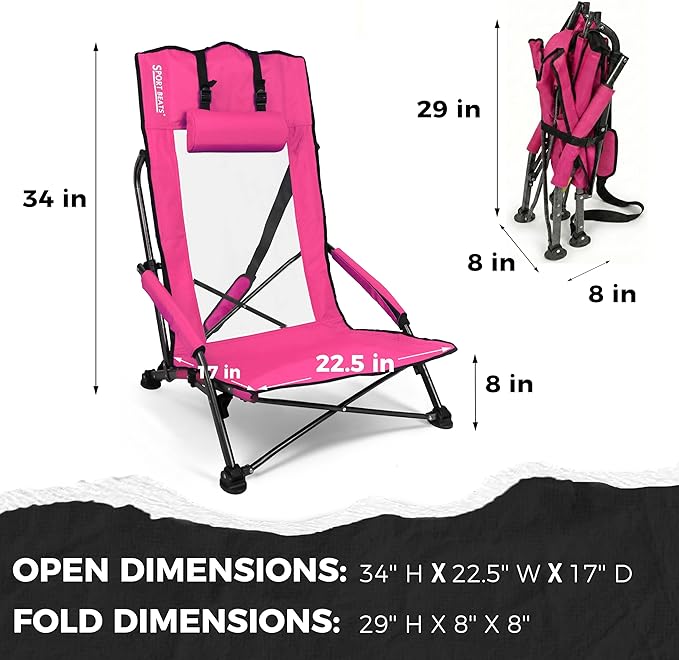 Beach Chair High Back Support Portable Folding Chair for Adults with Head Pillow Shoulder Straps for CampingConcertPicnicSports Events