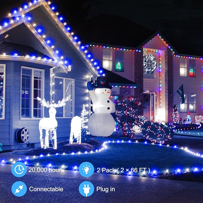Brightown C9 LED Christmas String Lights 2 Pack Total 132ft 200LED Outdoor Lights String Plug-in Connectable Green Wire Lights Waterproof Roofline Lights String for Outside Yard Christmas Holiday