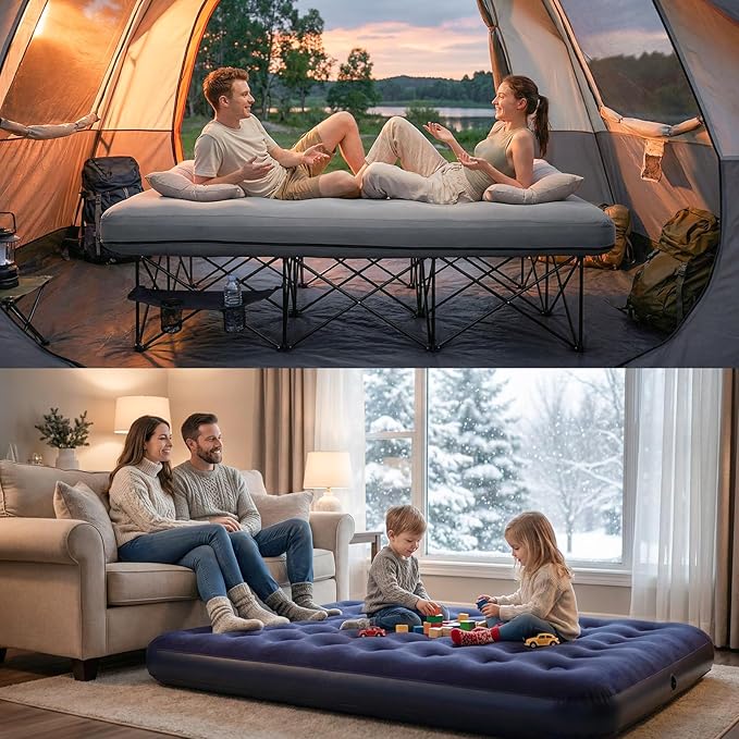 FUNDANGO Queen Camping Cot with Electric Pump 2 Person Inflatable Air Mattress with Folding Frame Portable Camping Bed with Cup Holders &amp Removable Cover for Adults Home Guest Carry Bag Includ