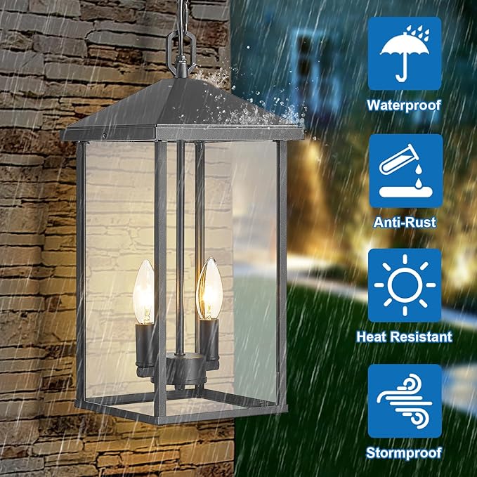Large Outdoor Pendant Light Matte Black Hanging Light Fixture Ceiling Mount 2-Light Dusk to Dawn Modern Large Outdoor Chandelier with Clear Glass Exterior Pendant Lights for Porch Patio