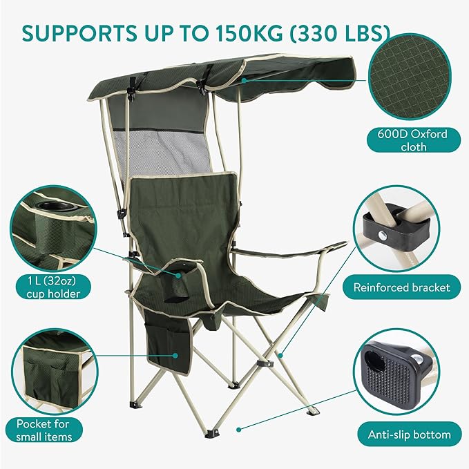 Navaris Foldable Beach Chair with Canopy Shade - Folding Chairs for Adults with Sun Umbrella for Outdoor Use - Lawn Beach Sports Camping Picnics - Lightweight &amp Easy to Carry