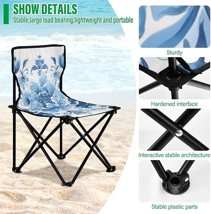 Flowers Blue Portable Camping Chairs Folding Chair - Durable Oxford Fabric Lightweight Iron Frame Easy Fold Design - Ideal for Outdoor Activities Camping Fishing and Travel