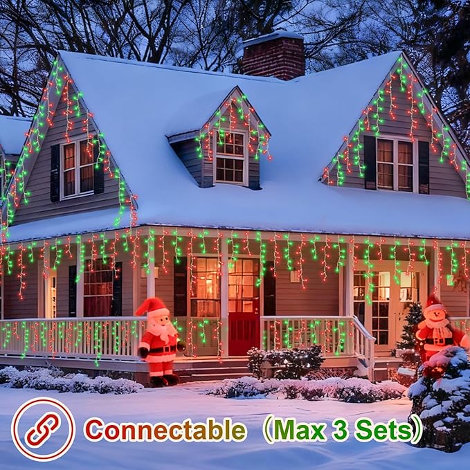 YEGUO 66ft 800 LED Red and Green Icicle Lights Outdoor Waterproof 160 Drops Icicle String Lights Connectable 8 Modes Icicle Christmas Lights with Memory Timer