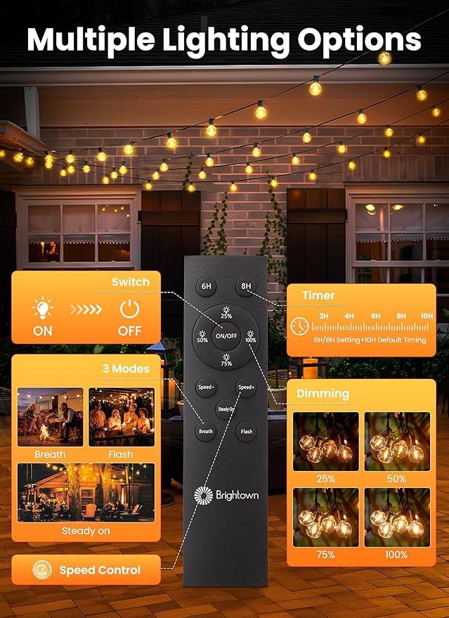 Brightown 208FT Solar String Lights Outdoor with Remote and 102 LED Shatterproof Bulbs Dimmable &amp Timable 3 Light Modes Solar Patio String Lights Outdoor for Cafe Garden Deck Outside Wedding