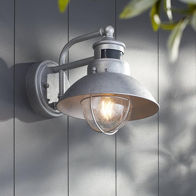John Timberland Oberlin Rustic Industrial Farmhouse Outdoor Barn Light Fixture Galvanized Dusk to Dawn Motion Sensor 9 Clear Seedy Glass for Exterior Deck House Porch Yard Patio Outside Garage