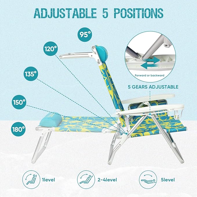 Old Bahama Bay Backpack Beach Chair Aluminum Lightweight Reclining 5-Position Lounge Chair for Adults Heavy Duty Support 400 LBS Portable Folding with Cooler Bag Camping Chair for Sand Outdoor