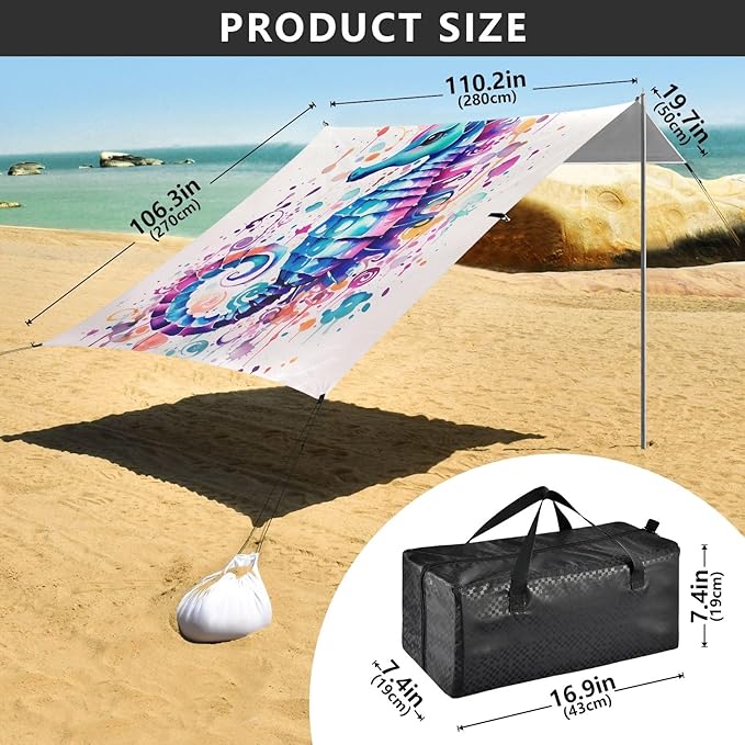 Camping Sun Shelters Watercolor Hippocampus Japonicus Beach Canopy 126 * 110.2in