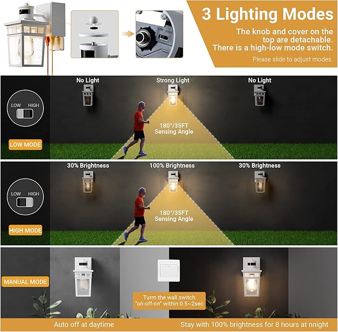 Porch Light Outdoor with GFCI Outlet - 3 Lighting Modes Exterior Light Fixture Dusk to Dawn Motion Sensor Wall Mount Outside Lights for HouseGarageFront Door Patio