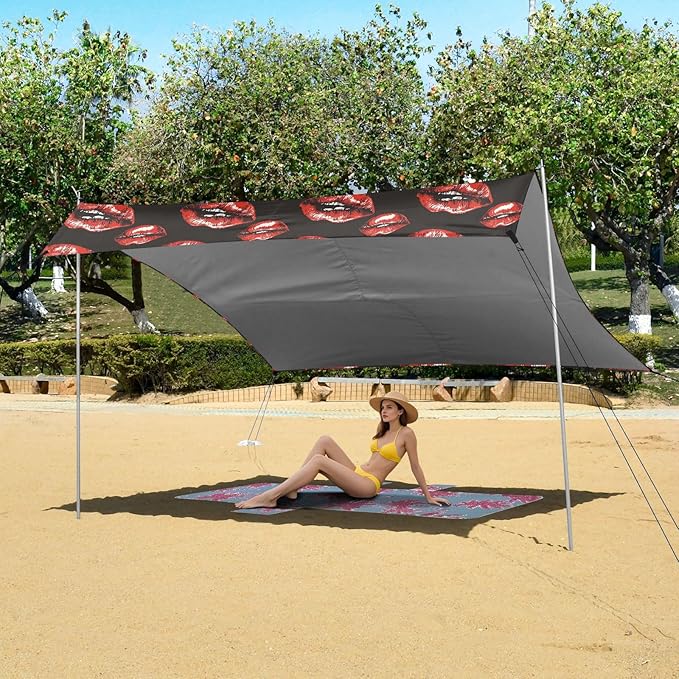 ALAZA Red Lips Beach Tent Sun Shelter UPF50+ Protection Beach Shade Canopy w/ 4 Sandbags for Outdoor Camping Fishing Backyard Fun Picnic 10x9 ft