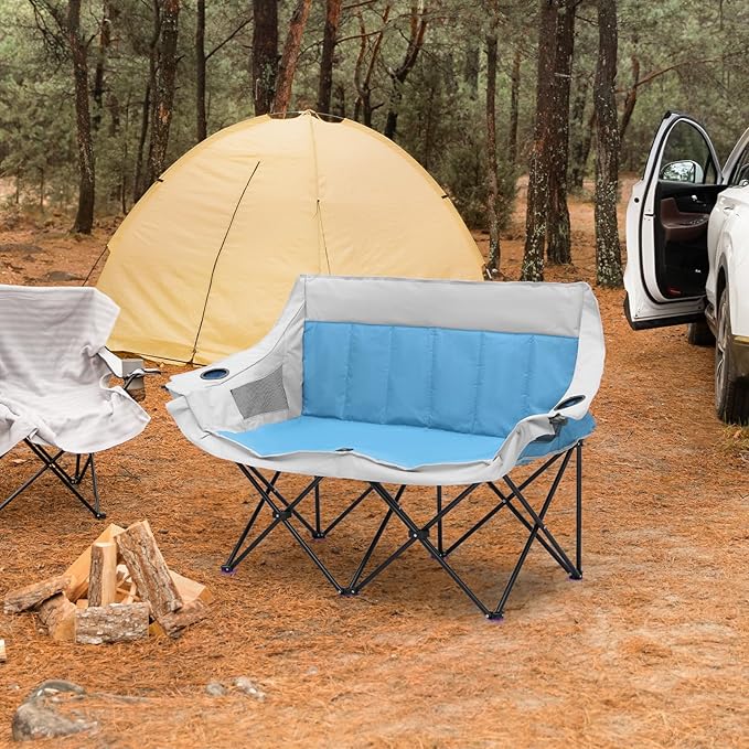 MoNiBloom Collapsible Double Camping Loveseat Chair Outdoor Beach Lawn Picnic Hiking Travel Portable Foldable Collapsible 2-Person Love Seat Camp Chair for Adults (Sky Blue and Light Gray)
