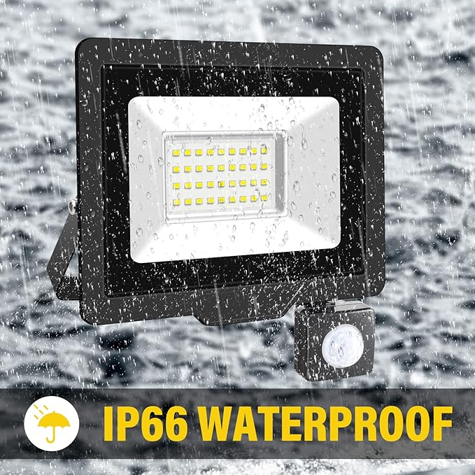 30W Motion Sensor Flood Light Outdoor 3000 LM Outdoor LED Spotlight IP66 Waterproof 6000K Daylight Security Lights for Garden Garage Yard Sports Ground （2 Pack） 110V
