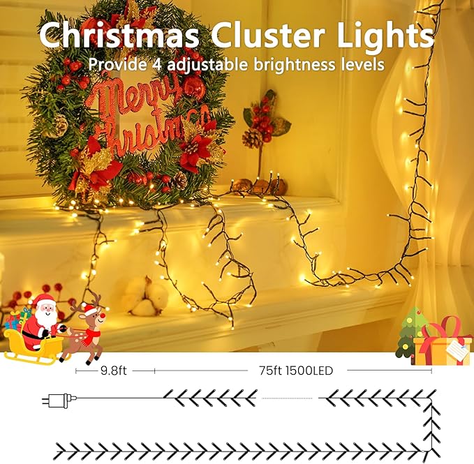BHCLIGHT 75FT 1500 LED Cluster Christmas Lights Christmas Tree Lights Outdoor 8 Modes with Timer &amp Remote Firecrackers String Lights Waterproof for Garland Party Xmas Decorations Warm White