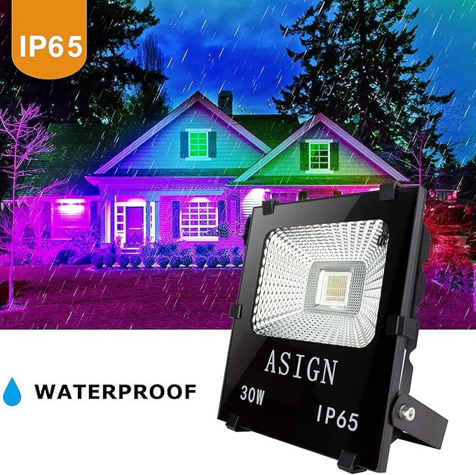 ASIGN 30W RGB LED Flood Lights Indoor Outdoor Decoration Light Waterproof Color Changing LED Security Light with Remote Control Dimmable Wall Washer Lights with US 3-Plug