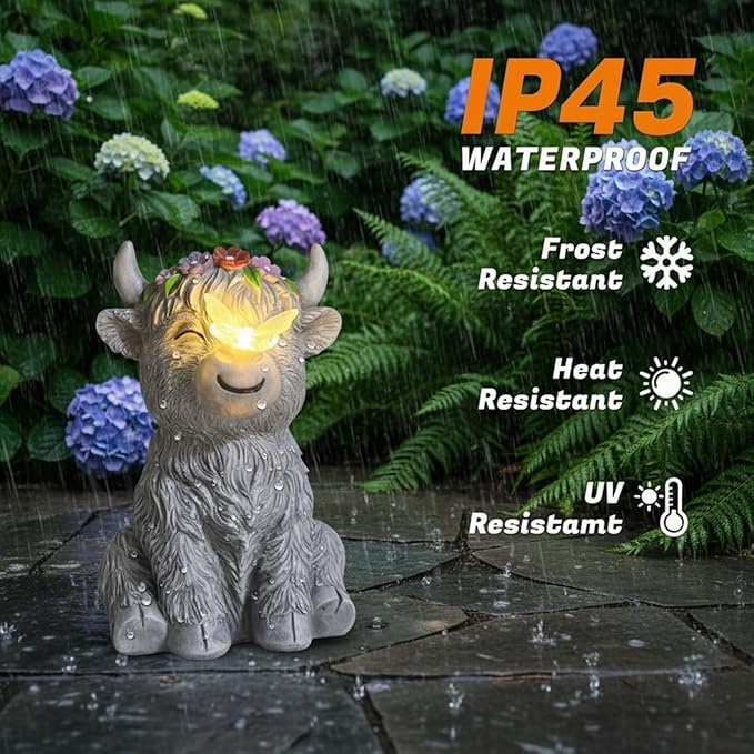 Solar Highland Cow Garden Statue with Glowing Butterfly Outdoor Highland Cow Decorations for Patio Yard Lawn Ornaments Gifts for Mom/Grandma Birthday Housewarming