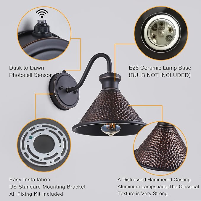 2 Pack Dusk to Dawn Outdoor Wall Light Fixtures Photocell Sensor Exterior Sconce Light with Cast Hammered Aluminum Shade Outside Wall Mount Lamp for House Patio Garage Entryway Doorway