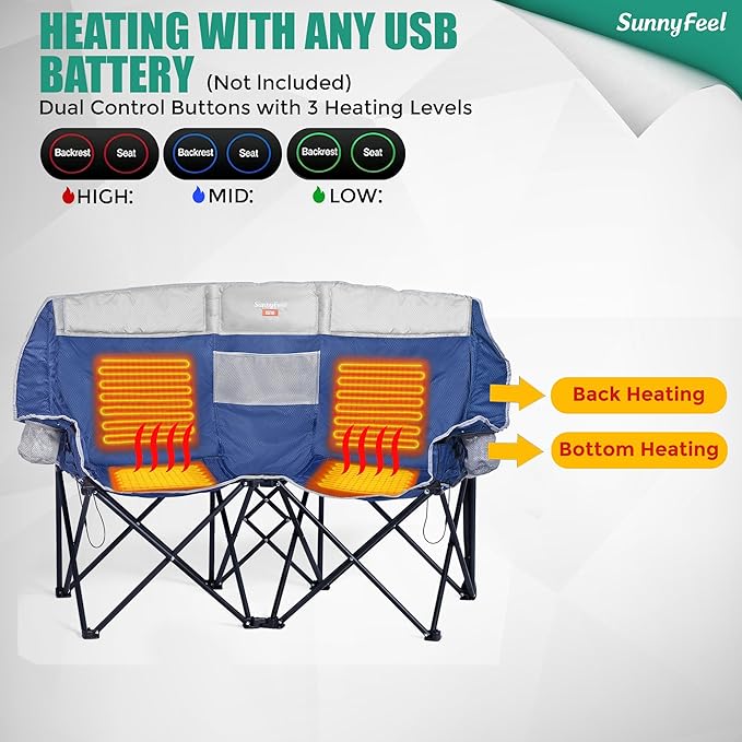 SUNNYFEEL Heated Double Camping Chair Outdoor Portable Loveseat Chair Heavy Duty Folding Lawn Chairs with Storage for Beach/Tailgate/Travel/Picnic Foldable Duo Camp Chairs for Adults 2 People