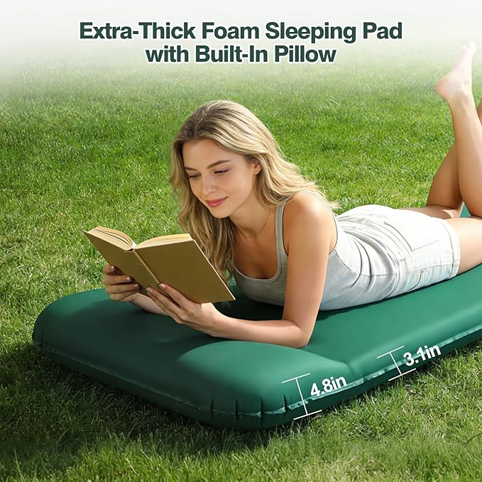 Self-Inflating Sleeping Pad with Foot Pump 3.1 Thick High-Density Foam Camping Mattress 4-Season Sleeping Mat with Built-in Pillow &amp R-Value 9.5 Camping Essentials for Tent Travel Car