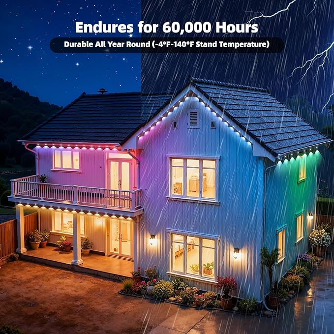 Permanent Outdoor Lights for House IP67 Waterproof with 10 RGB+IC Permanent Holiday Lights 16.4ft Eaves Lights Outdoor DIY Scene for Halloween Christmas Decor Work with Google Assistant Alexa