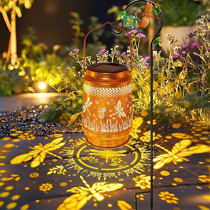 Solar Lanterns Outdoor Waterproof Dragonfly Garden Decor Gifts for Women Mom Grandma Birthday Hanging Solar Lights Metal LED Decoration with Shepherd Hook Outside for Yard Patio Lawn Porch