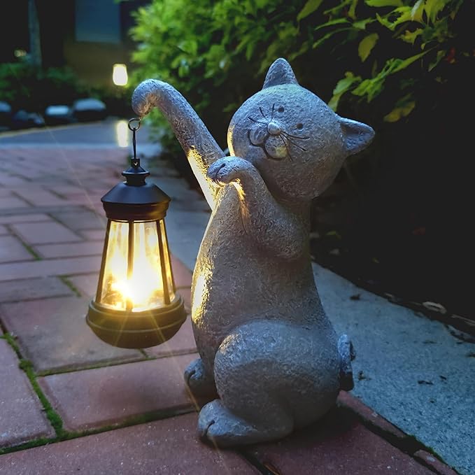 Cat Solar Garden StatuesResin Cat Figurine Decorations with Solar Lights Lantern Outdoor Figurines Lawn Cats Statue Decor Art for LawnYard Balcony OrnamentGift for Garden Home Mom.
