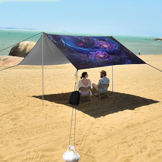Blue Dragon Beach Tent Sun Shelter 9.2' x 10.5' Beach Canopy with 4 Sandbags 4 Stability Poles Sand Shovels - Tent Canopy for Beach Camping Fishing Picnics