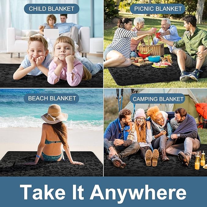 Black Floral Damask Photographic Print Waterproof Outdoor Picnic Blanket Sandproof Beach Mat for Camping Hiking Grass Travelling