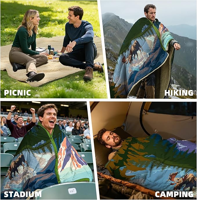 Outdoor Camping Blanket with Sherpa Lining Extra Warm Thick Camp Blankets and Puffy Ultralight Soft Poncho DWR Camping Quilt for Cold Weather Adventure Sleeping Backpacking 78x 56