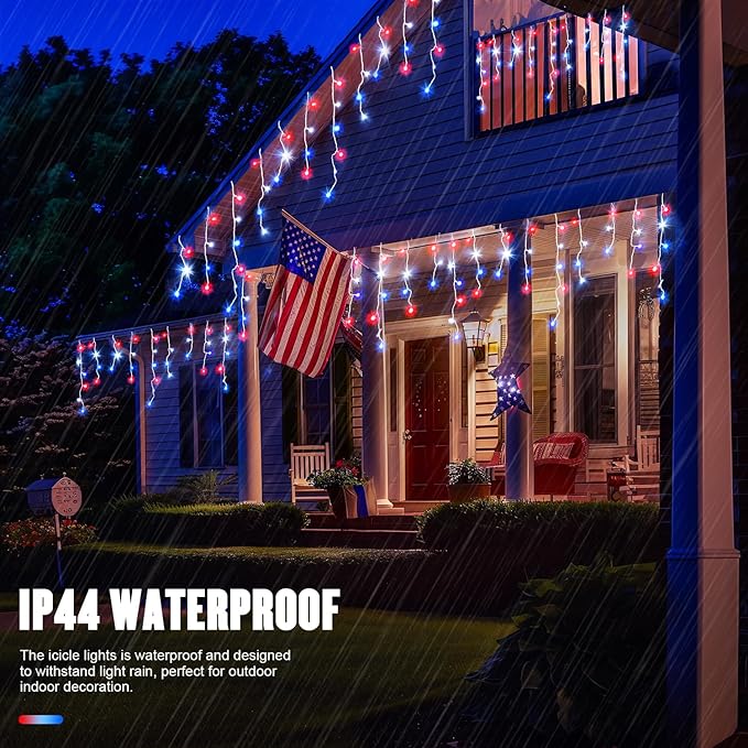 JMEXSUSS Icicle Lights for 4th of July Decor 400 LED Red White and Blue Icicle Lights for Outside 38.8 Ft Independence Day Icicle String Light Indoor Outdoor Holiday American Flag Decor