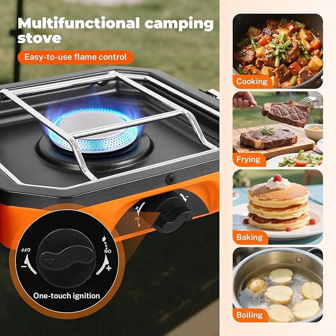 2 Burner Propane Camping Stove With GrillPortable Foldable Camp Stove With 17000BTU Two Piezo Ignition Adjustable Windproof Burners forCamping Grilling Tailgating &amp More (Orange)