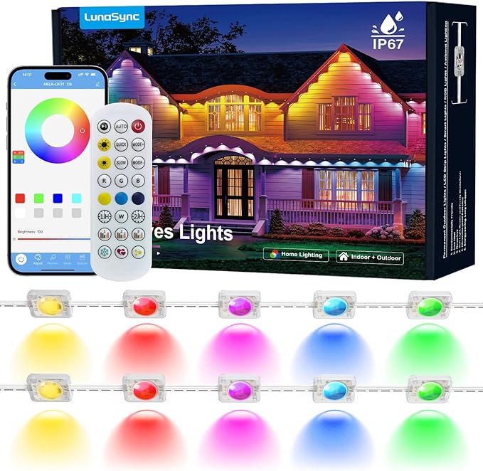 LunaSync Permanent Outdoor Lights 150ft RGBIC Smart LED Eaves Lights with App &amp Remote Control IP67 Waterproof 50 Scene Modes for Christmas Holiday Pool Party &amp Daily Decor