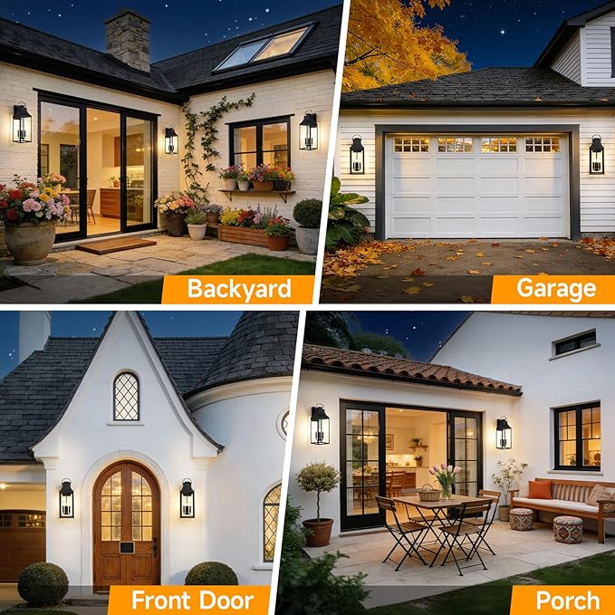 tewei 25'' Dusk to Dawn Outdoor Wall Light Large Black Outdoor Porch Light Waterproof Patio Lanterns Exterior Wall Mount Lighting Fixtures 4-Light Outside Garage Sconces for House Front 1-Pack