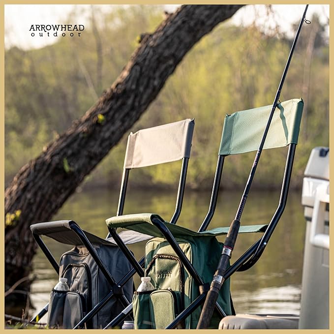 Arrowhead Outdoor Multi-Function 3-in-1 Compact Camp Chair: Backpack Stool &amp Insulated Cooler w/Bottle Holder &amp Storage Bag External Pockets Backrest Fishing Hiking Heavy-Duty USA-Base