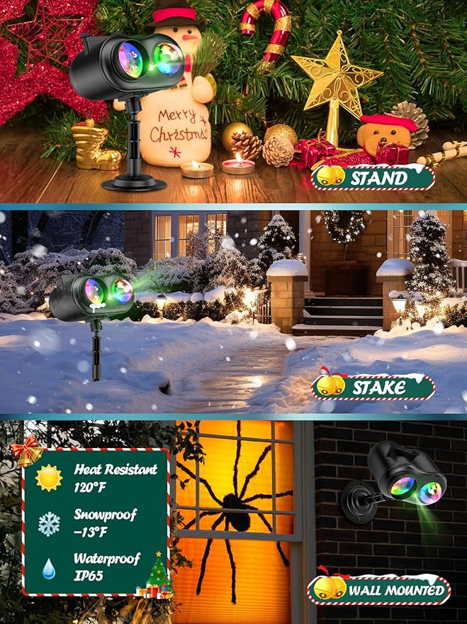 3-in-1 Christmas Projector Lights Outdoor Anysun Brighter 80 HD Patterns Christmas Decor 8-Pattern Ocean Wave Snowflake Starry Lights Show Christmas Projector Waterproof with Timer for House Party