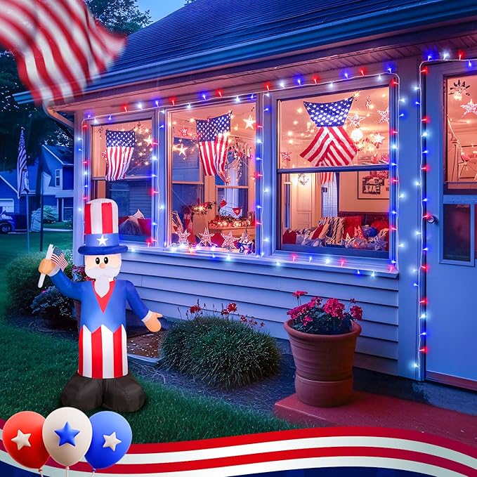 JMEXSUSS 2 Pack Red White and Blue Lights Outdoor 33ft 100 LED 4th of July Lights Battery Operated 8 Modes Patriotic Decorations for Indoor Outside Independence Day American Flag Holiday