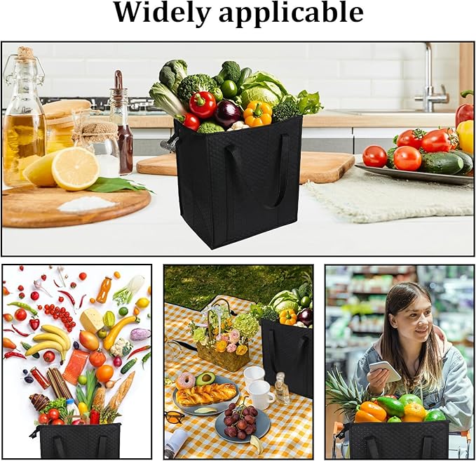 6 Pcs Insulated Shopping Bags For Groceries Large Reusable Cooler Bags Thermal Totes With Zippered Top For Hot Cold Food Delivery Refrigerator Pizza(Black)
