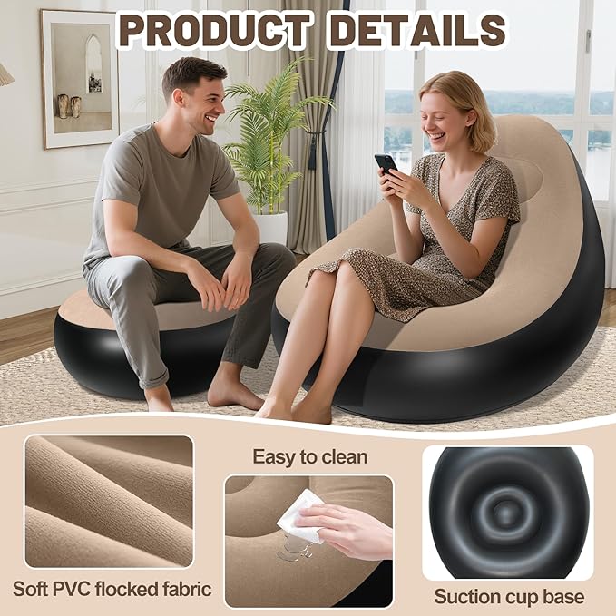 Inflatable Chair for AdultsPortable Inflatables Chairs with Ottoman Flocked Surface inflatables Couch Waterproof Blow Up chairComfortable inflatable Couch for CampingGaming (Without Pump) 2PK