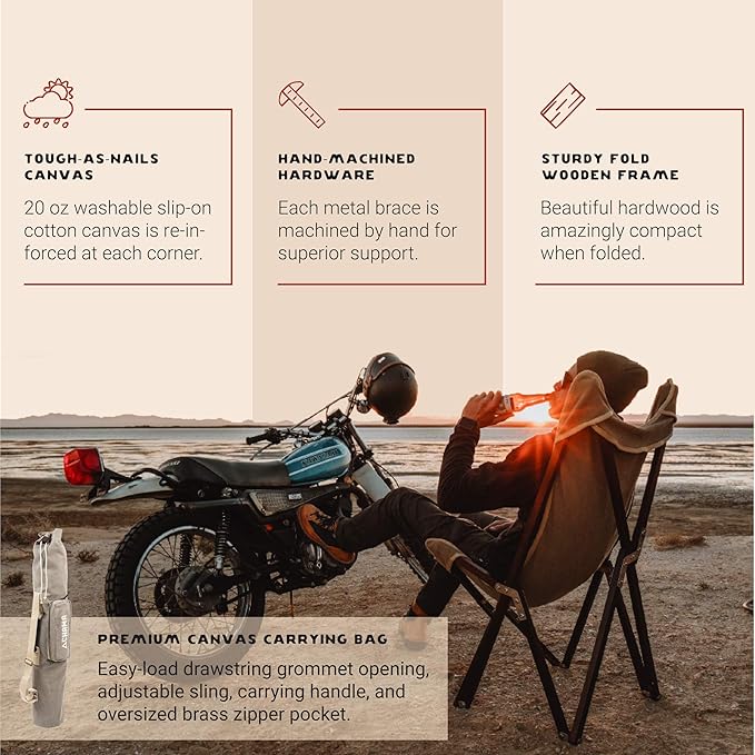CHAMA Vaquero Chair &amp Travel Bag - Slate and Bone- Beautiful Outdoor Wood and Canvas Portable Folding Chair Ideal for Camping Patios Lawns or Indoor Use - Supports 300 lbs