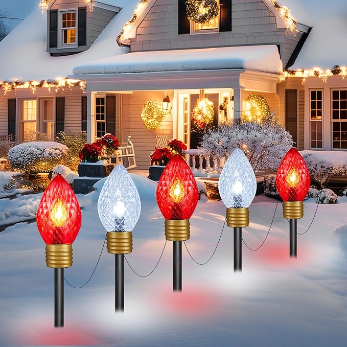 Moonflor Strawberry Jumbo C9 Christmas Pathway Lights Outdoor - 8.5FT 5 LED C9 Walkway Light Christma Decoration Outside Christmas Lights Outdoor for Lawn Holiday Yard Red &amp Pure White