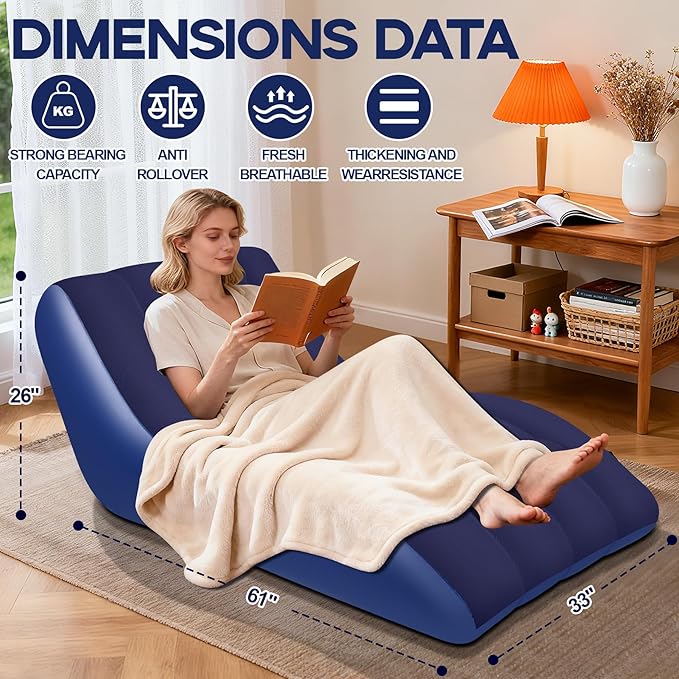 Inflatable Chair for AdultsInflatables Chairs with Flocked Surface Inflatable Lounge Chair with Backrest Comfort Ergonomic Inflatable CouchInflatable Couch for Camping Blue