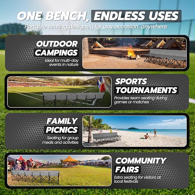 Flexzion Portable Folding Bench Seat 6 Seater Collapsible Soccer Bench Portable Bench Seats for Bleachers Camping Sideline with Back Rest and Carrying Bag Gray