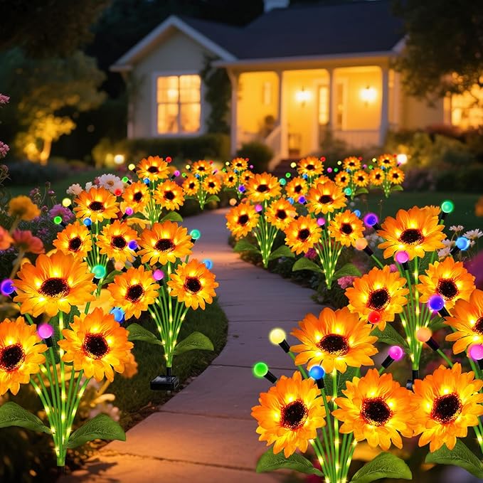 Solar Garden Lights-2 Pack Solar Sunflowers with Multicolor Changing Swaying Firefly LightsGifts for Mom Women Mothers Day BirthdayWaterproof Firefly Sunflower Light for Outdoor Patio Yard Decor