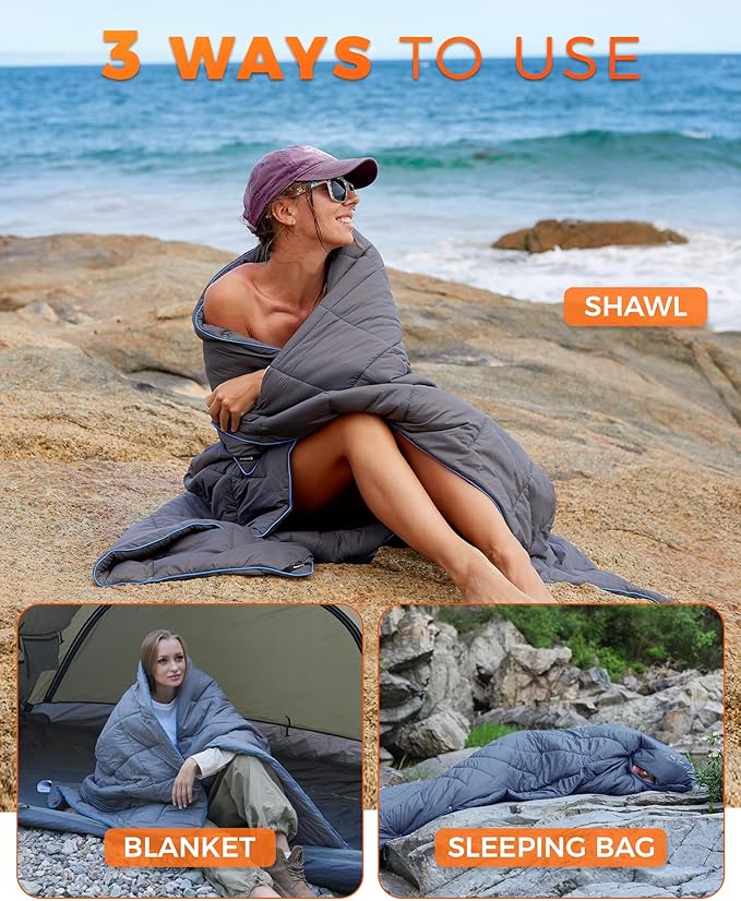 KingCamp 2 Pack Ultralight Camping Blankets Packable Down Alternative Puffy Wearable Quilts with Snap Buttons Weatherproof for Outdoor Travel Hiking &amp Stadium (69x53 Charcoal + 79x57 Seawav
