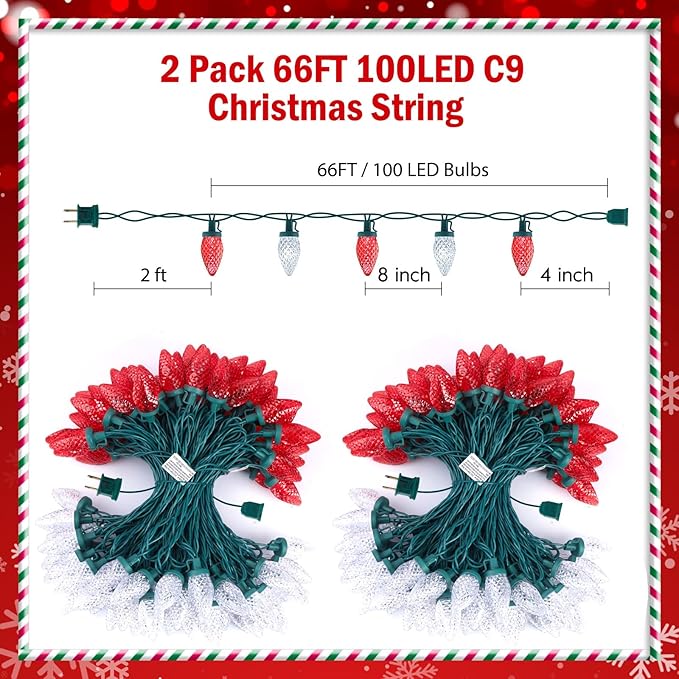 Brightown C9 LED Christmas String Lights 2 Pack Total 132ft 200LED Outdoor Lights String Plug-in Connectable Waterproof Roofline Lights String for Outside Yard Christmas Holiday Decor Red and White