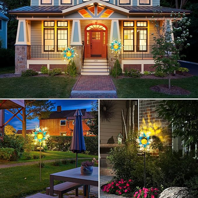 Solar Lights Outdoor Garden Decor Blue Metal Sun Crackle Glass Globe Stake Waterproof 30LED Decorations Unique Gifts for WomenMomOutside PatioLawnYardPathway