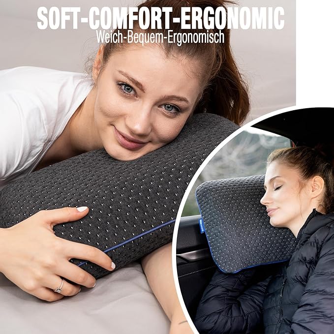Travel &amp Camping Comfortable Memory Foam Pillow – Easy to Carry Portable Bag – Temperature Regulating Pillow Case - Perfect for Travelling (Grey)