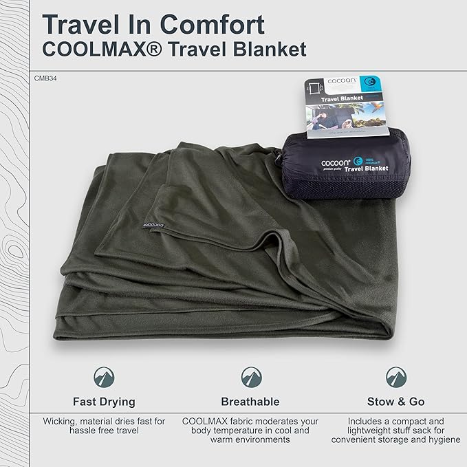 cocoon - Coolmax Travel Blanket | Compact Throw Blanket for Camping and Hiking | Fits in Backpack | Attaches to Luggage | Travel Essential | Fast Drying (Regular 70 x 55)