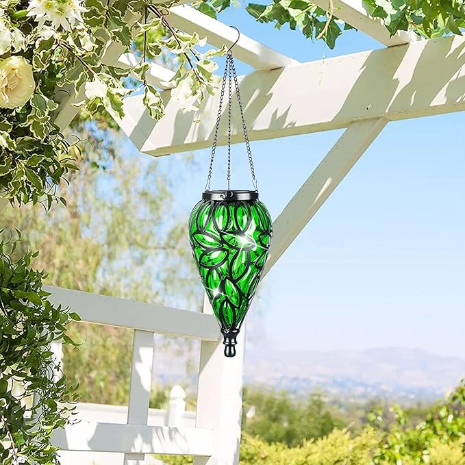 Solar Hanging Lantern Outdoor Lights Tear-Shaped 15 LEDs Cool White Hanging Lights with S Hooks Decor in Garden Yard Pathway Front Door and Landscape